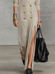Old-Money Pinstripe Woven Tailored Oatmeal Maxi Blazer Dress