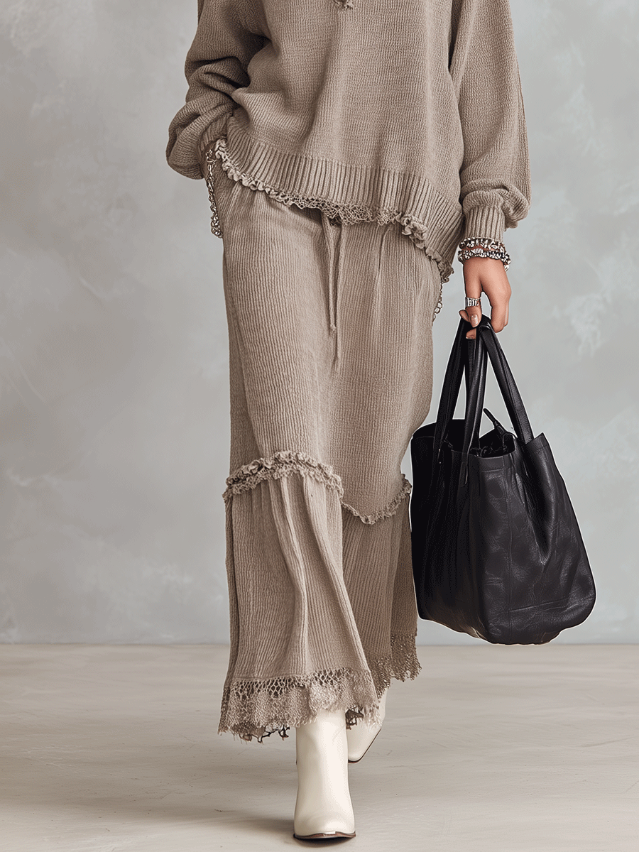Ruffle Trim Collared Knit Sweater & Maxi Skirt Two-Piece Set