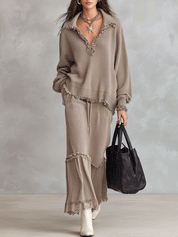 Ruffle Trim Collared Knit Sweater & Maxi Skirt Two-Piece Set