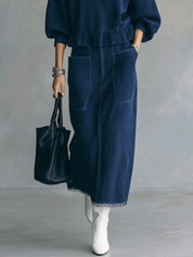 Effortless Ribbed Knit Oversized-Fit Indigo Fringe Co-Ord Set
