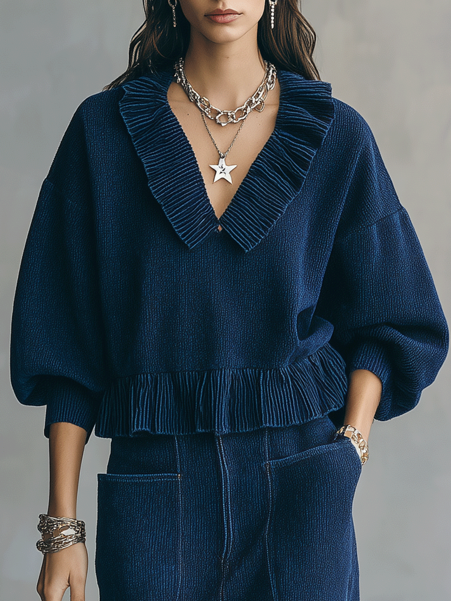 Effortless Ribbed Knit Oversized-Fit Indigo Fringe Co-Ord Set