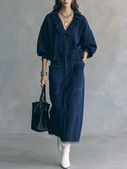 Effortless Ribbed Knit Oversized-Fit Indigo Fringe Co-Ord Set