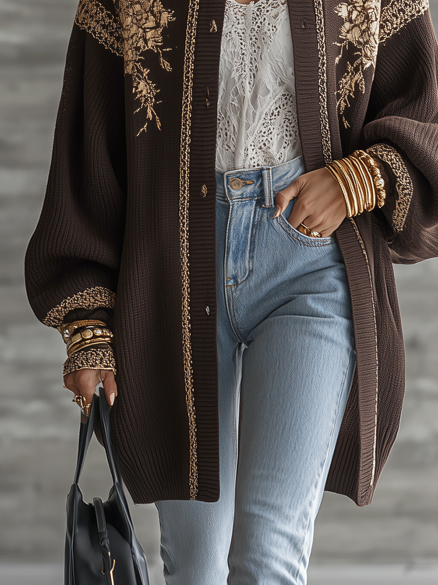 Luxe Jacquard Knit Oversized-Fit Chocolate Brown Floral Cardigan
