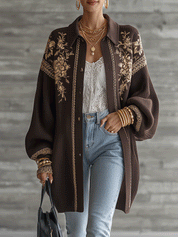 Luxe Jacquard Knit Oversized-Fit Chocolate Brown Floral Cardigan