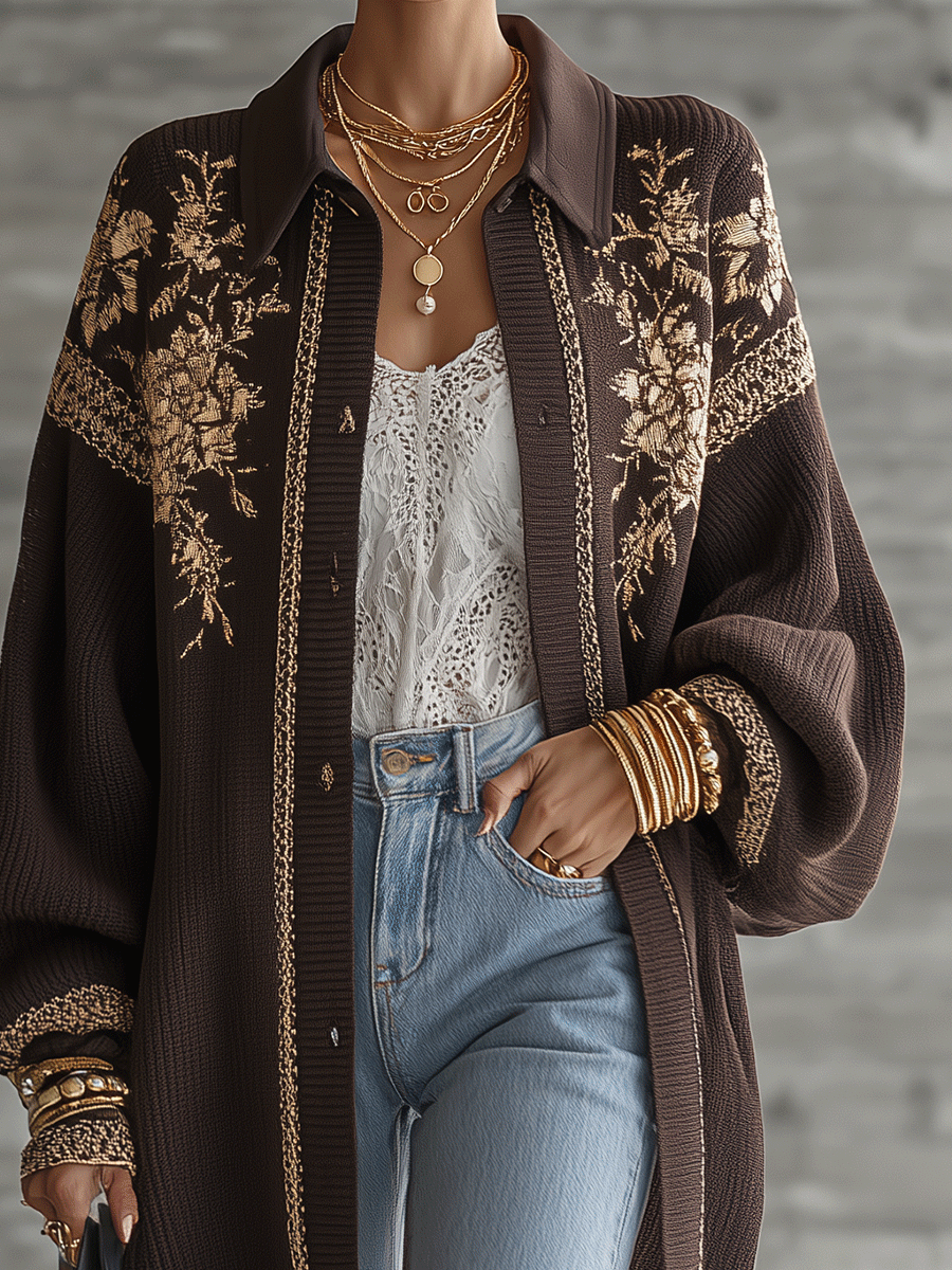 Luxe Jacquard Knit Oversized-Fit Chocolate Brown Floral Cardigan