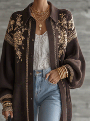 Luxe Jacquard Knit Oversized-Fit Chocolate Brown Floral Cardigan