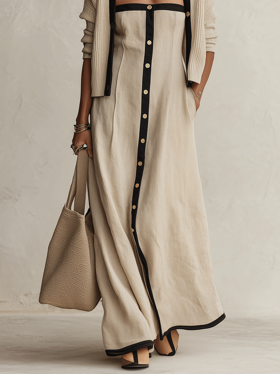 Contrast-Trim Button-Front Linen Maxi Dress Set