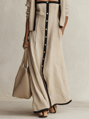 Contrast-Trim Button-Front Linen Maxi Dress Set