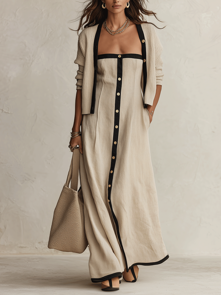 Contrast-Trim Button-Front Linen Maxi Dress Set