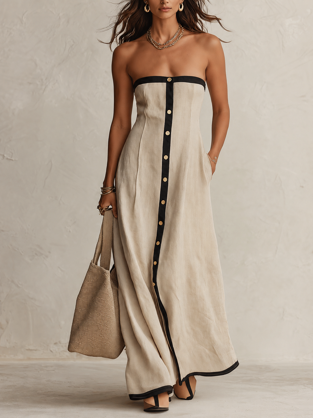 Contrast-Trim Button-Front Linen Maxi Dress Set