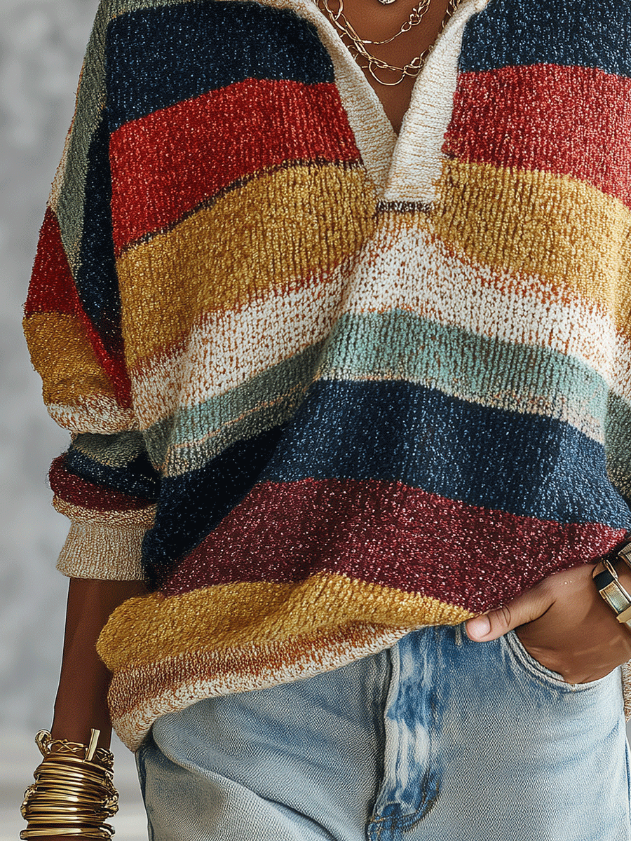 Women's Striped Quarter-Zip Oversized Knit Sweater