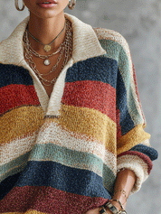 Women's Striped Quarter-Zip Oversized Knit Sweater