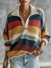 Women's Striped Quarter-Zip Oversized Knit Sweater