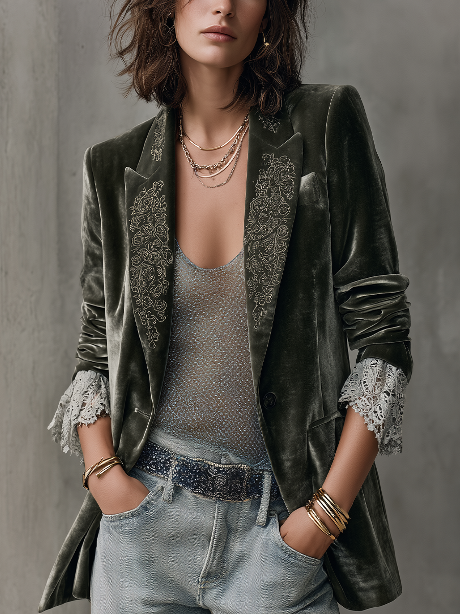 Olive Green Velvet Embroidered Peak-Lapel Blazer