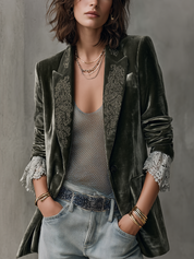Olive Green Velvet Embroidered Peak-Lapel Blazer