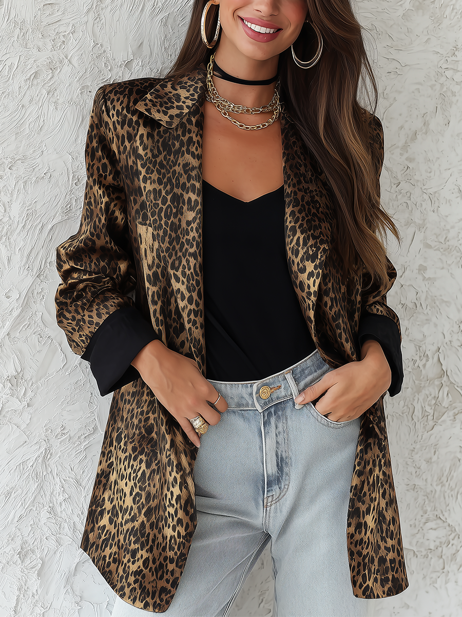 Charming Brown Leopard Print Satin Suit Jacket