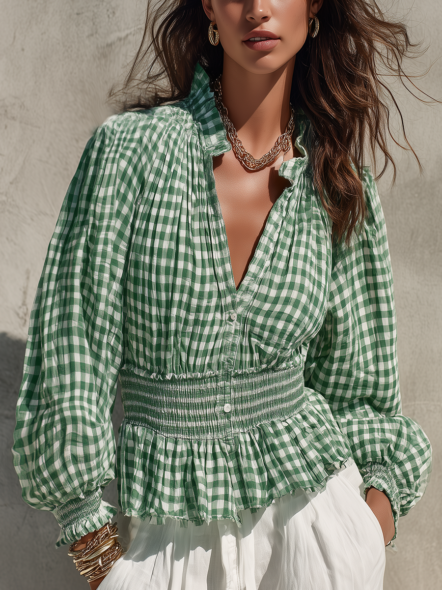 Romantic Green Gingham Ruffle Blouse
