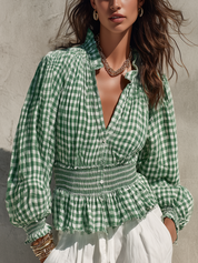 Romantic Green Gingham Ruffle Blouse