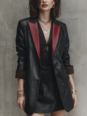 Edgy Black Faux Leather Burgundy-Lapel Leopard-Cuff Blazer