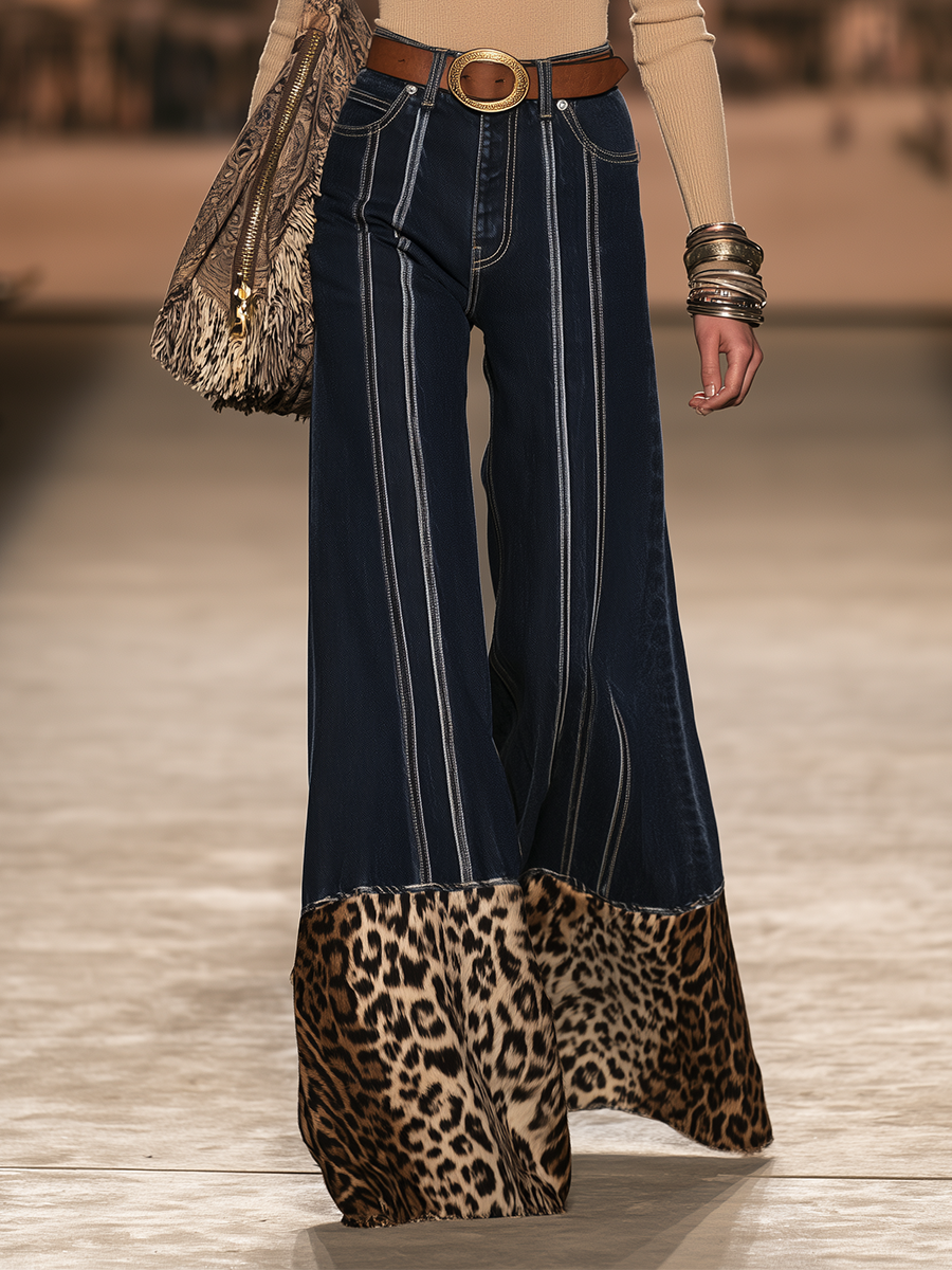 Western Boho Leopard Hem Wide Leg Jeans