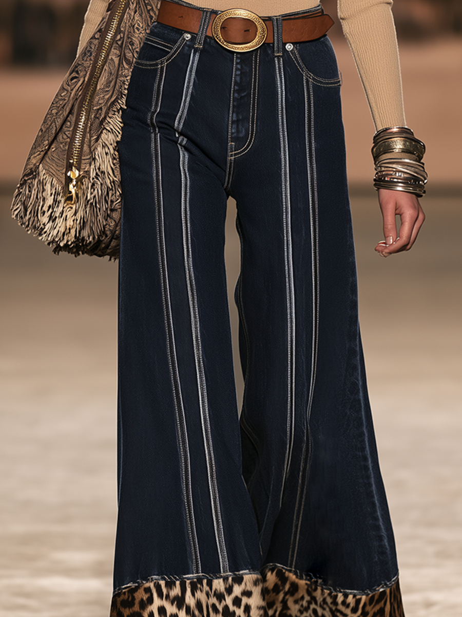 Western Boho Leopard Hem Wide Leg Jeans