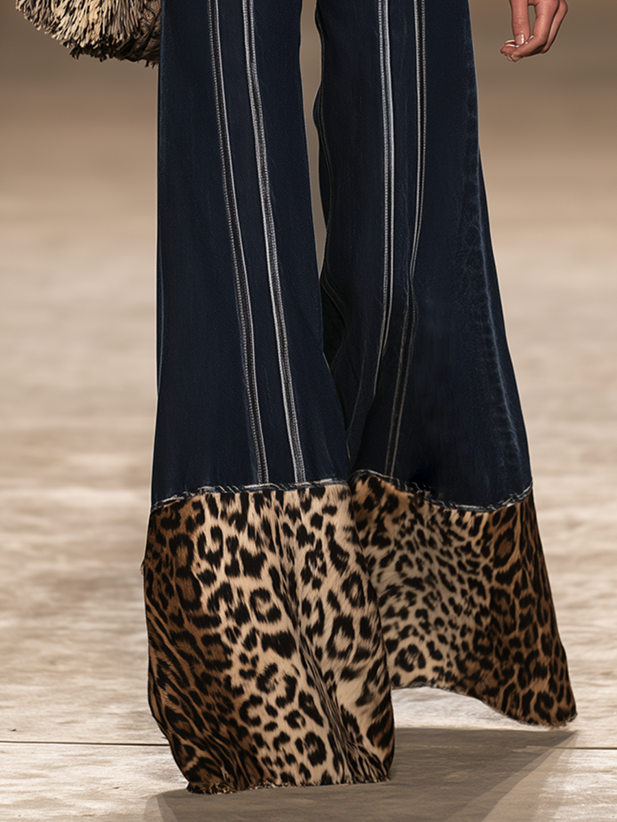 Western Boho Leopard Hem Wide Leg Jeans