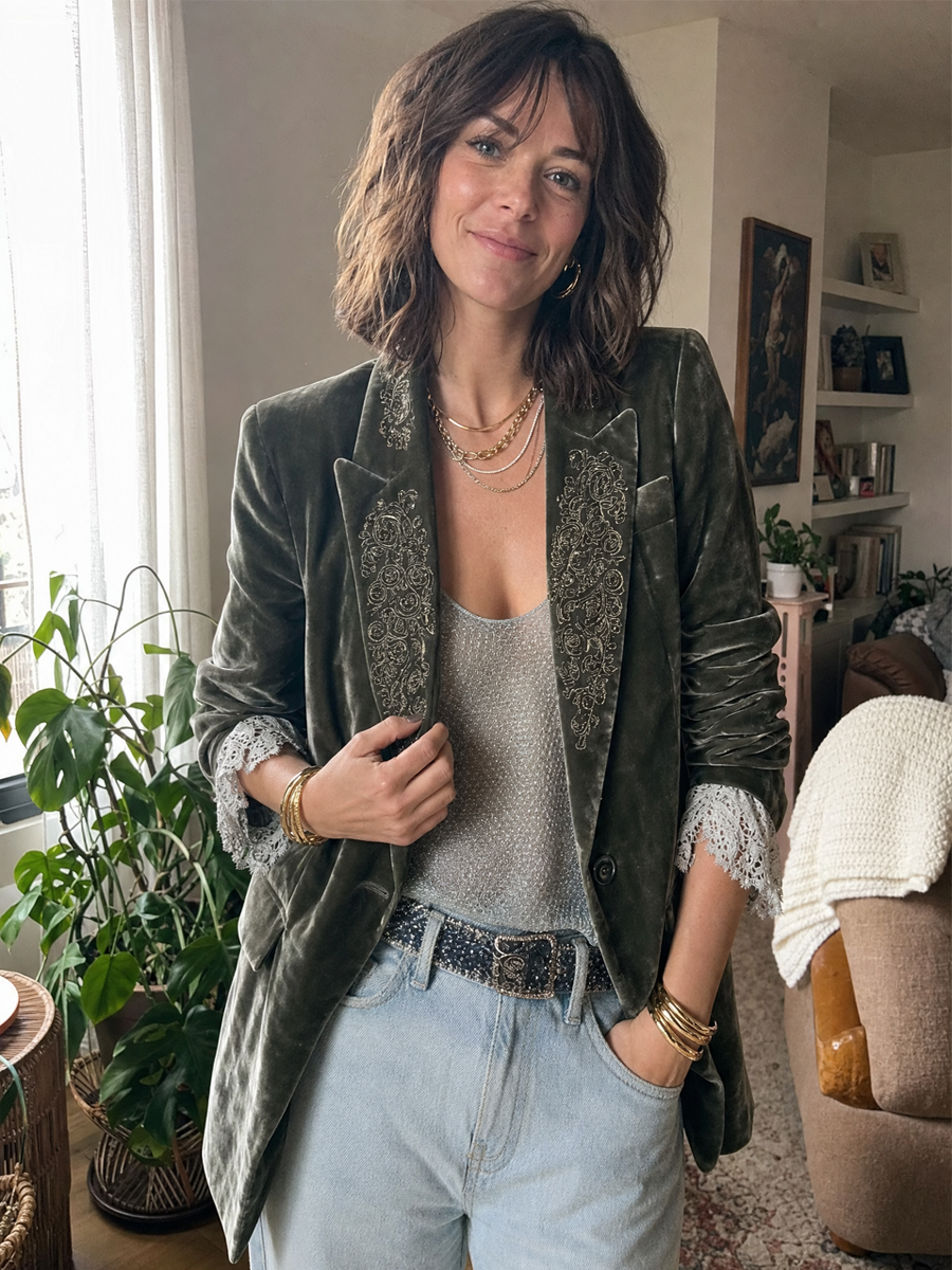 Olive Green Velvet Embroidered Peak-Lapel Blazer