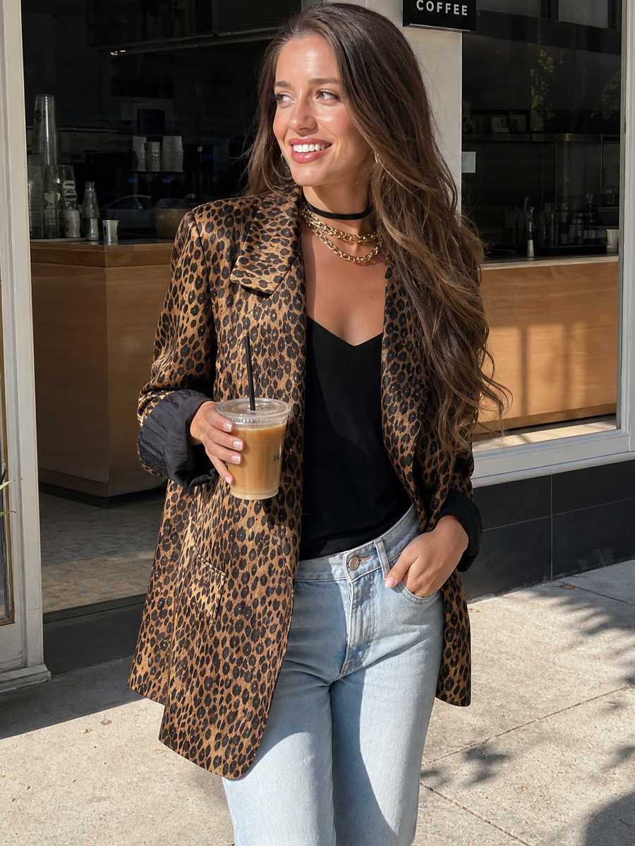 Charming Brown Leopard Print Satin Suit Jacket