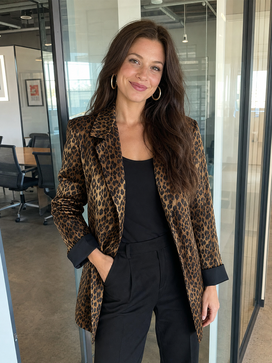 Charming Brown Leopard Print Satin Suit Jacket