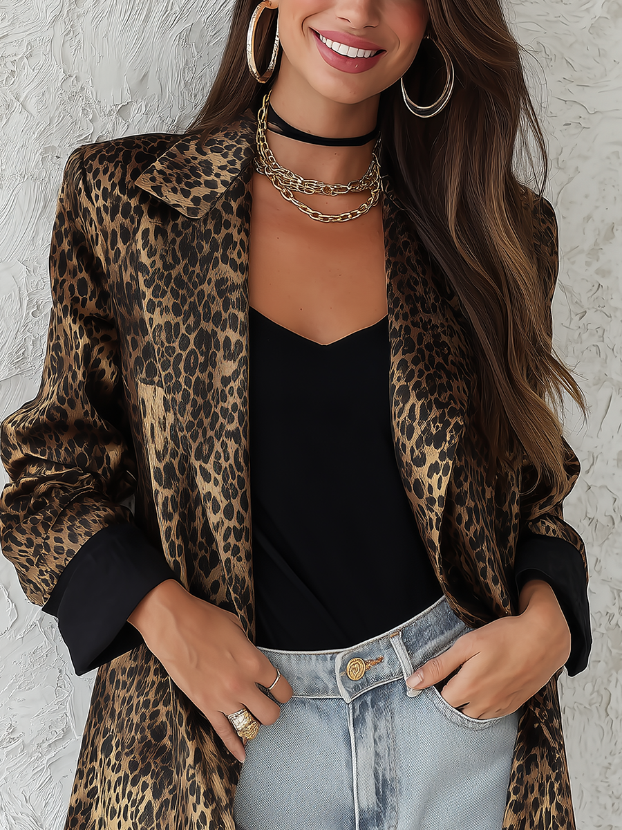 Charming Brown Leopard Print Satin Suit Jacket
