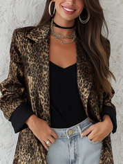 Charming Brown Leopard Print Satin Suit Jacket