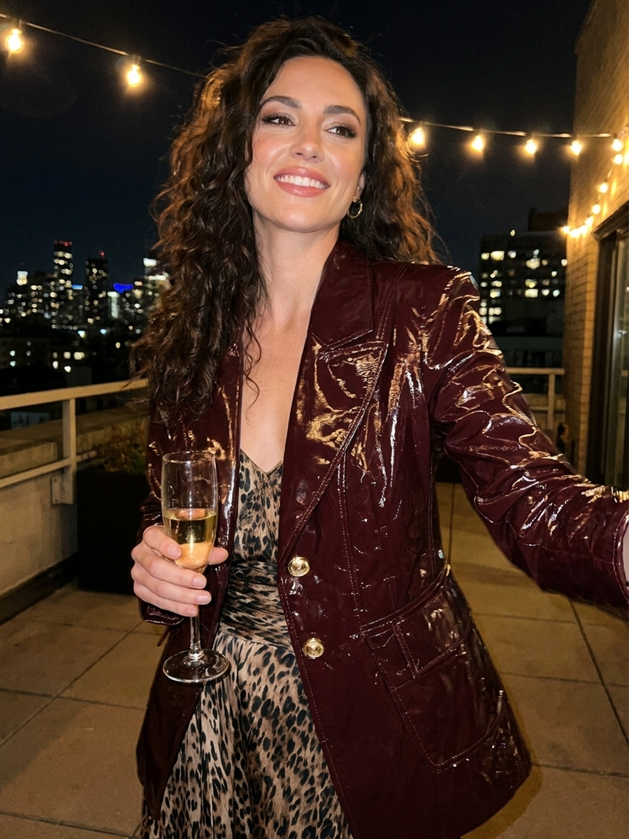 Edgy Burgundy Pu Lapel Blazer