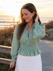 Romantic Green Gingham Ruffle Blouse
