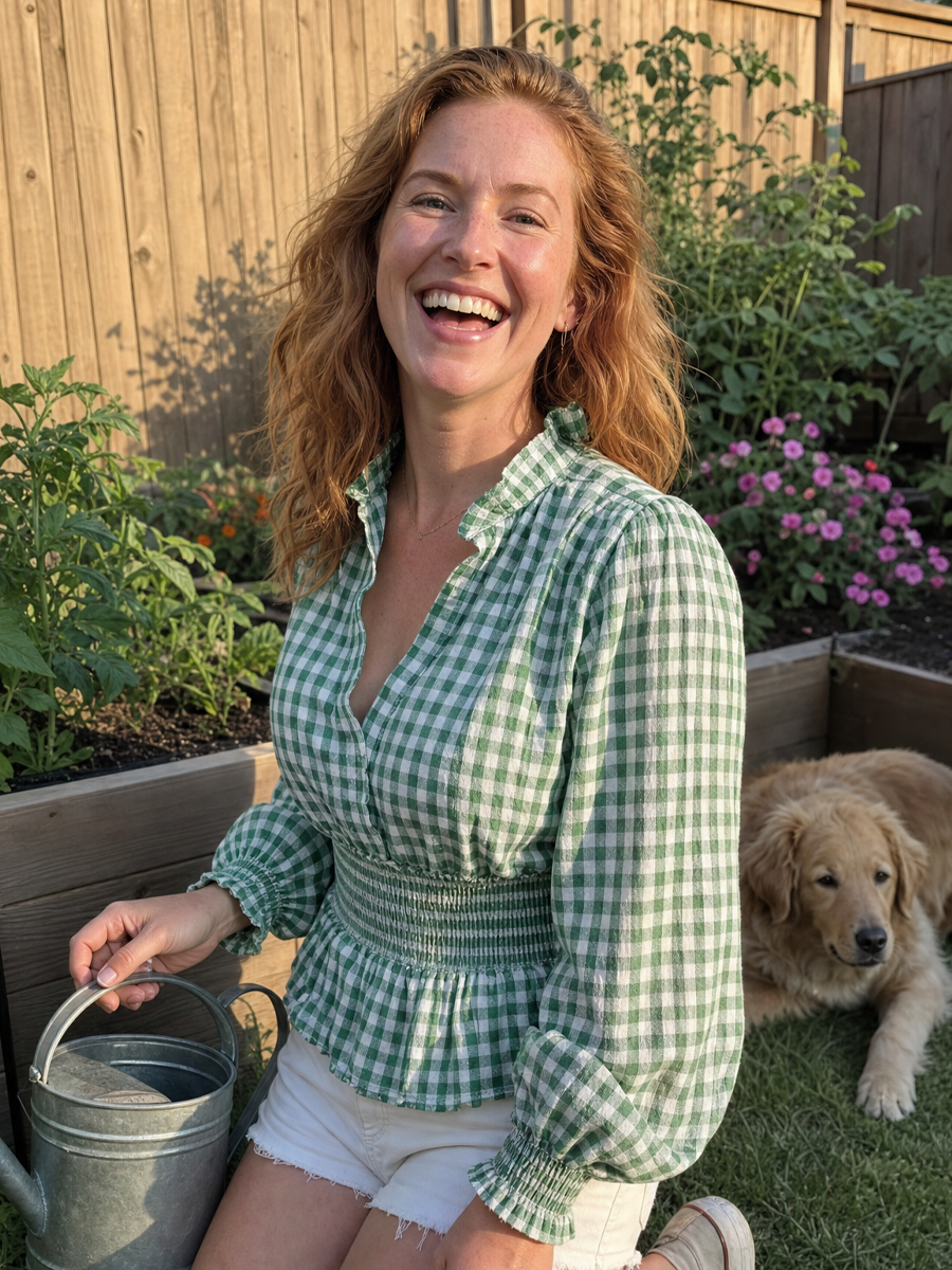 Romantic Green Gingham Ruffle Blouse
