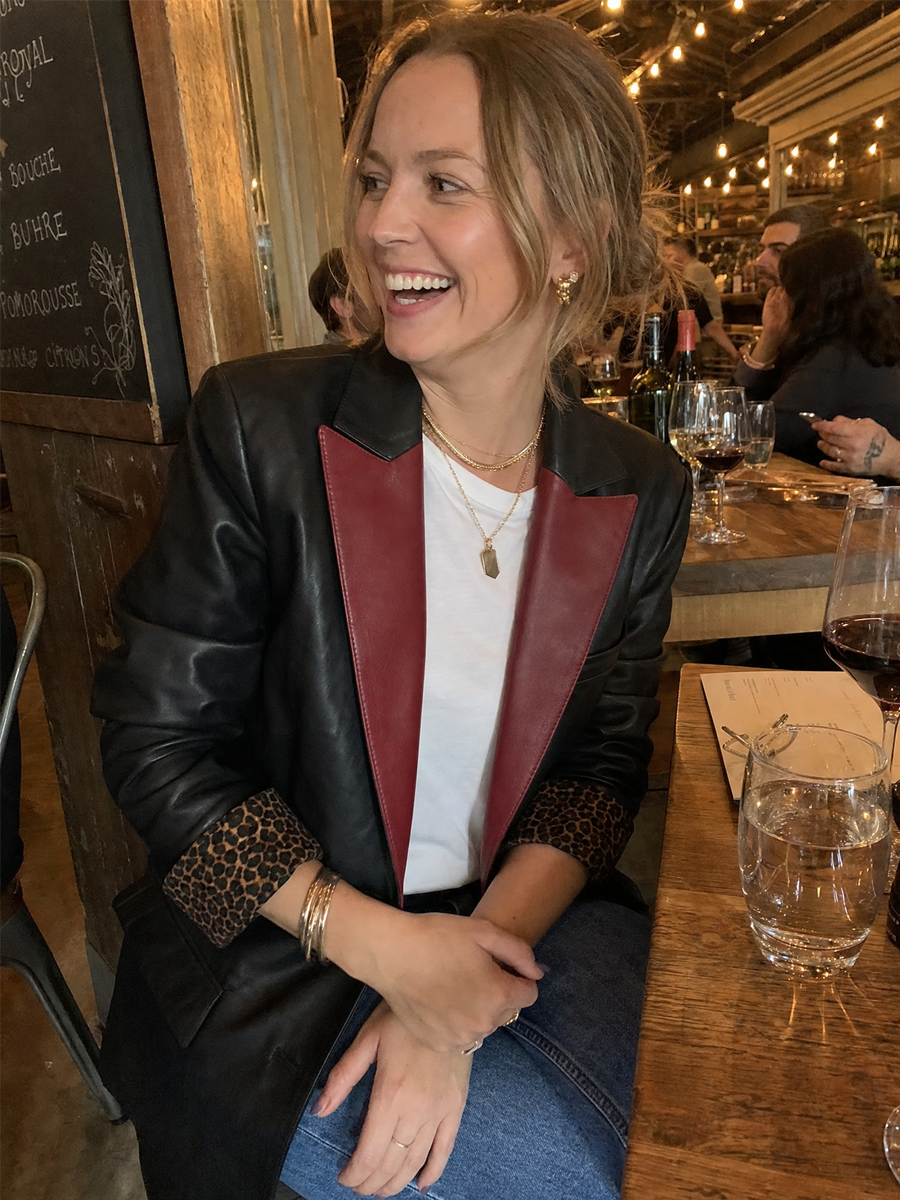 Edgy Black Faux Leather Burgundy-Lapel Leopard-Cuff Blazer