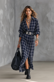 Modern Soft Woven A-Line Deep Navy Plaid Belted Maxi Dress