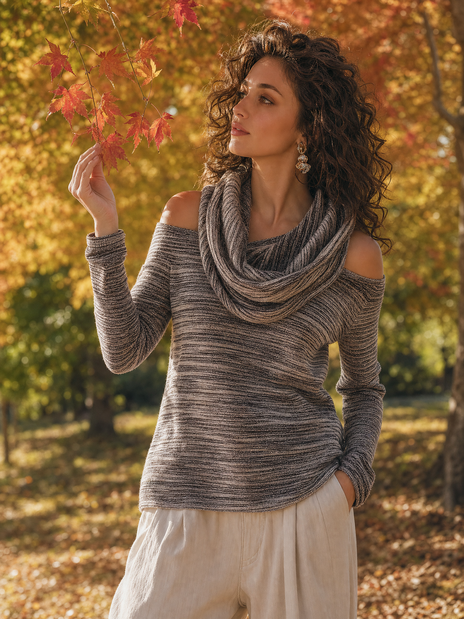 Relaxed Brown Striped Cowl Neck Knit Top