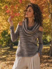 Relaxed Brown Striped Cowl Neck Knit Top