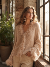 Cozy Beige Fuzzy-Trim V-Neck Knit Sweater