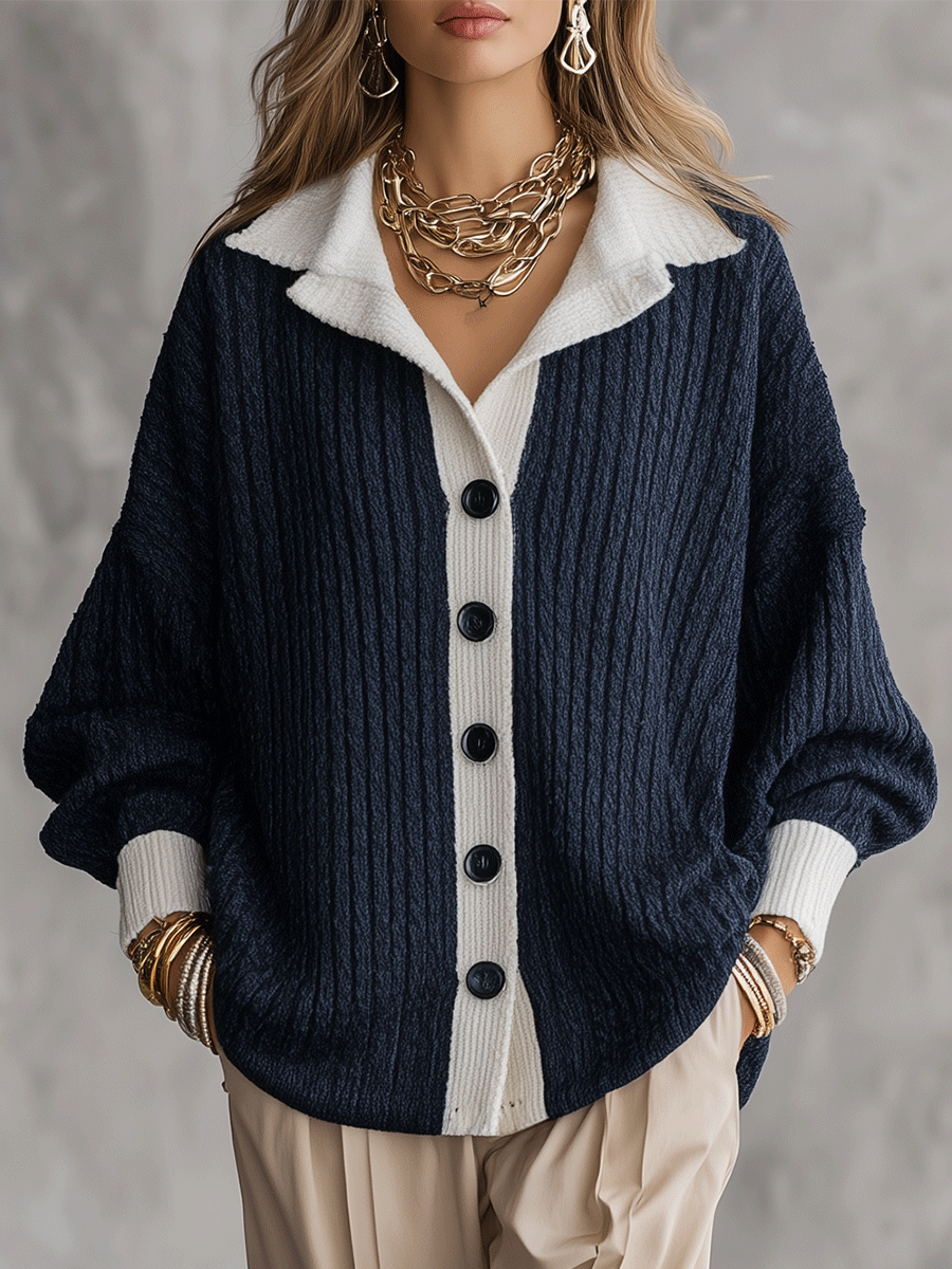Women's Oversized Ribbed Layered Shirt Look Knit Cardigan