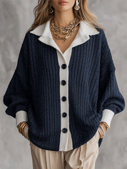 Women's Oversized Ribbed Layered Shirt Look Knit Cardigan