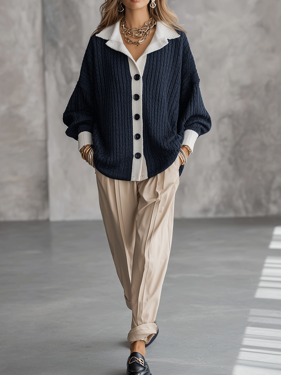Women's Oversized Ribbed Layered Shirt Look Knit Cardigan