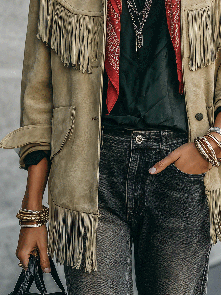 Women's Suede Fringe Lapel Collar Jacket