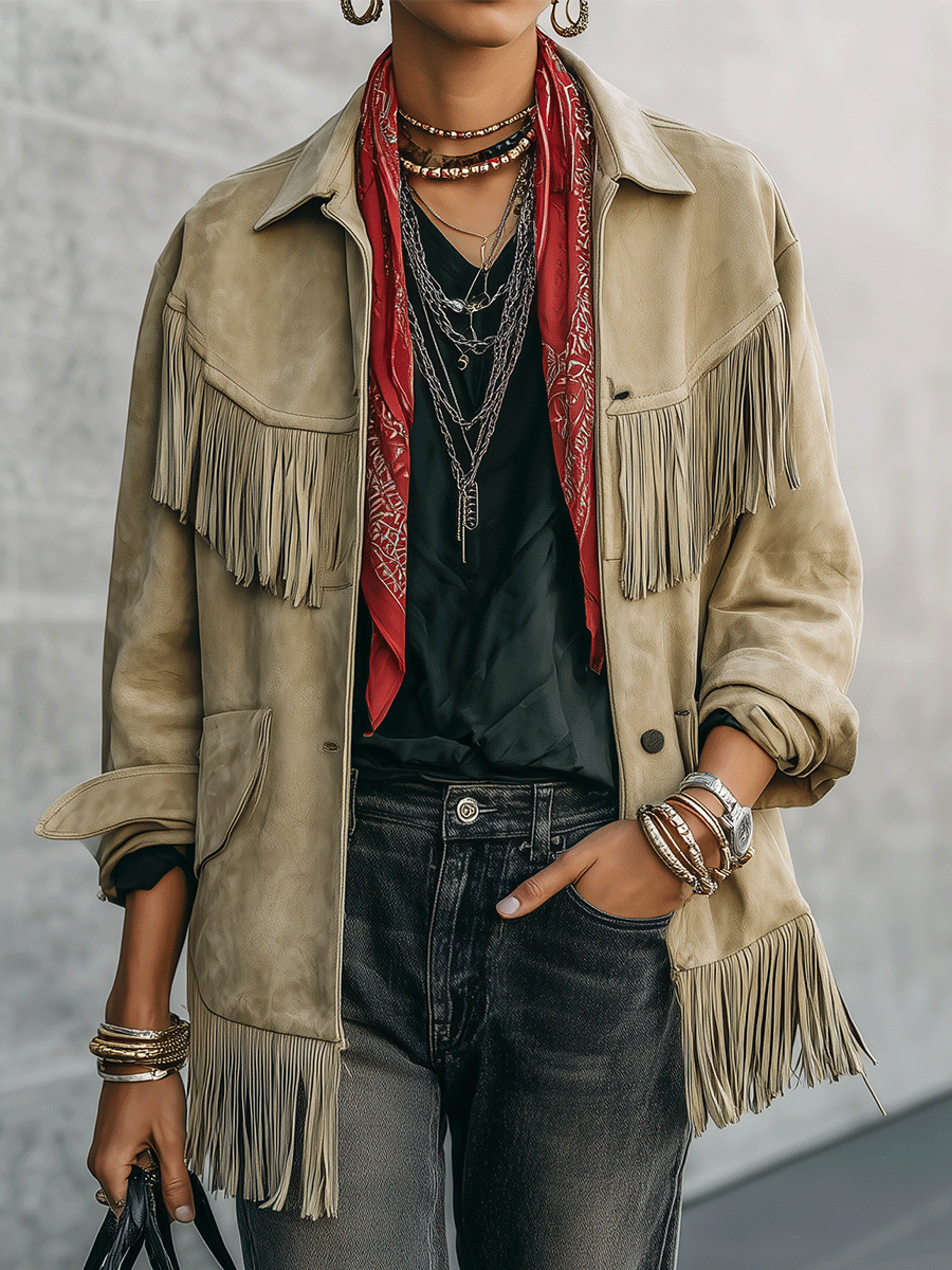 Women's Suede Fringe Lapel Collar Jacket
