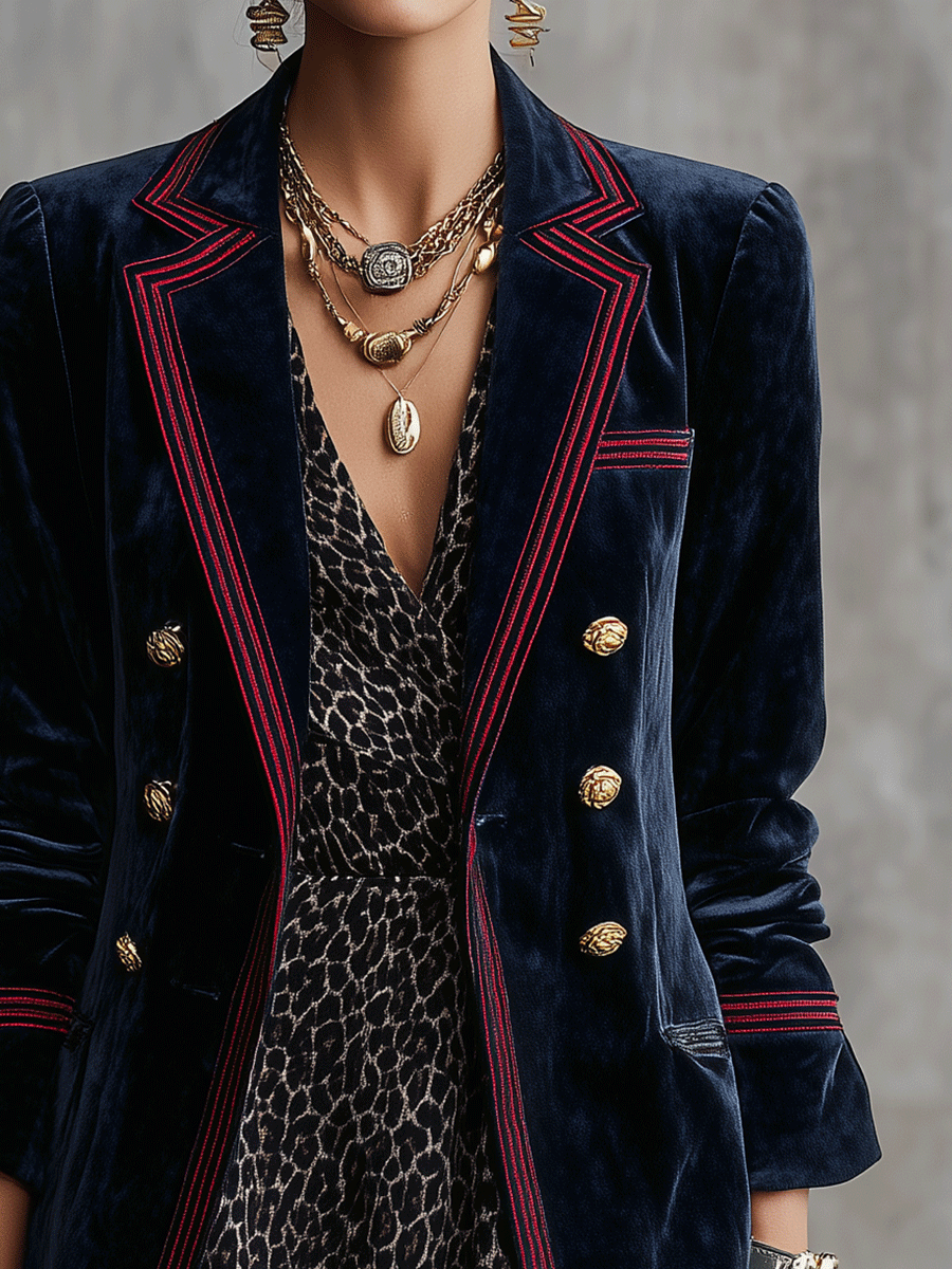 Women's Velvet Braided Trim Detail Blazer