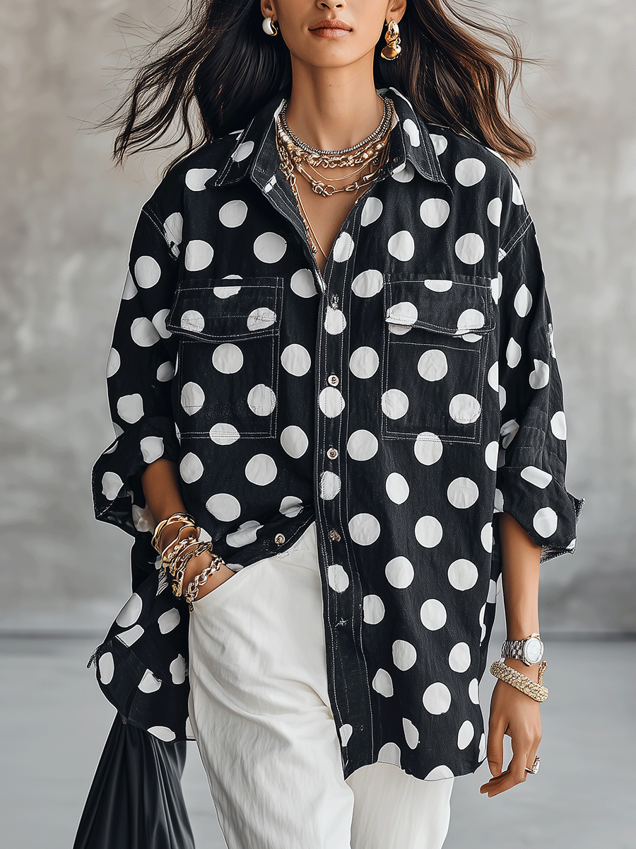 Women's Polka Dot Print Long Sleeve Button Down Shirt