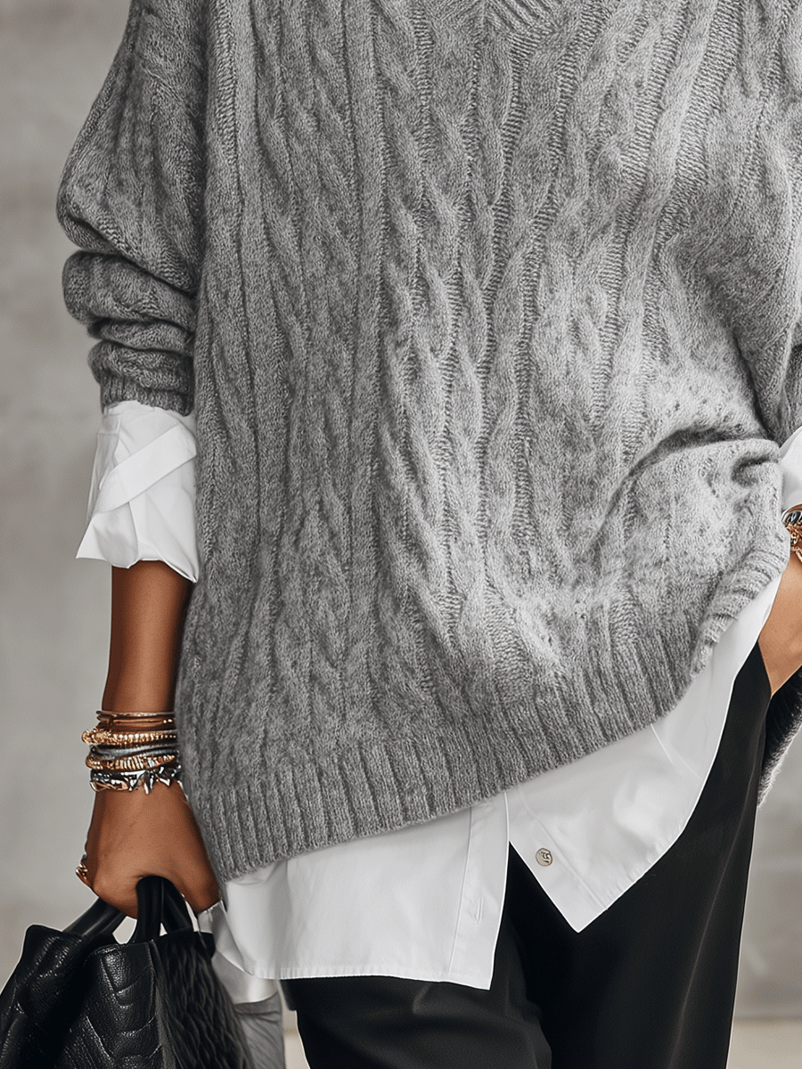 Women's Oversized V-Neck Cable Faux Shirt Layered Look Knit Sweater