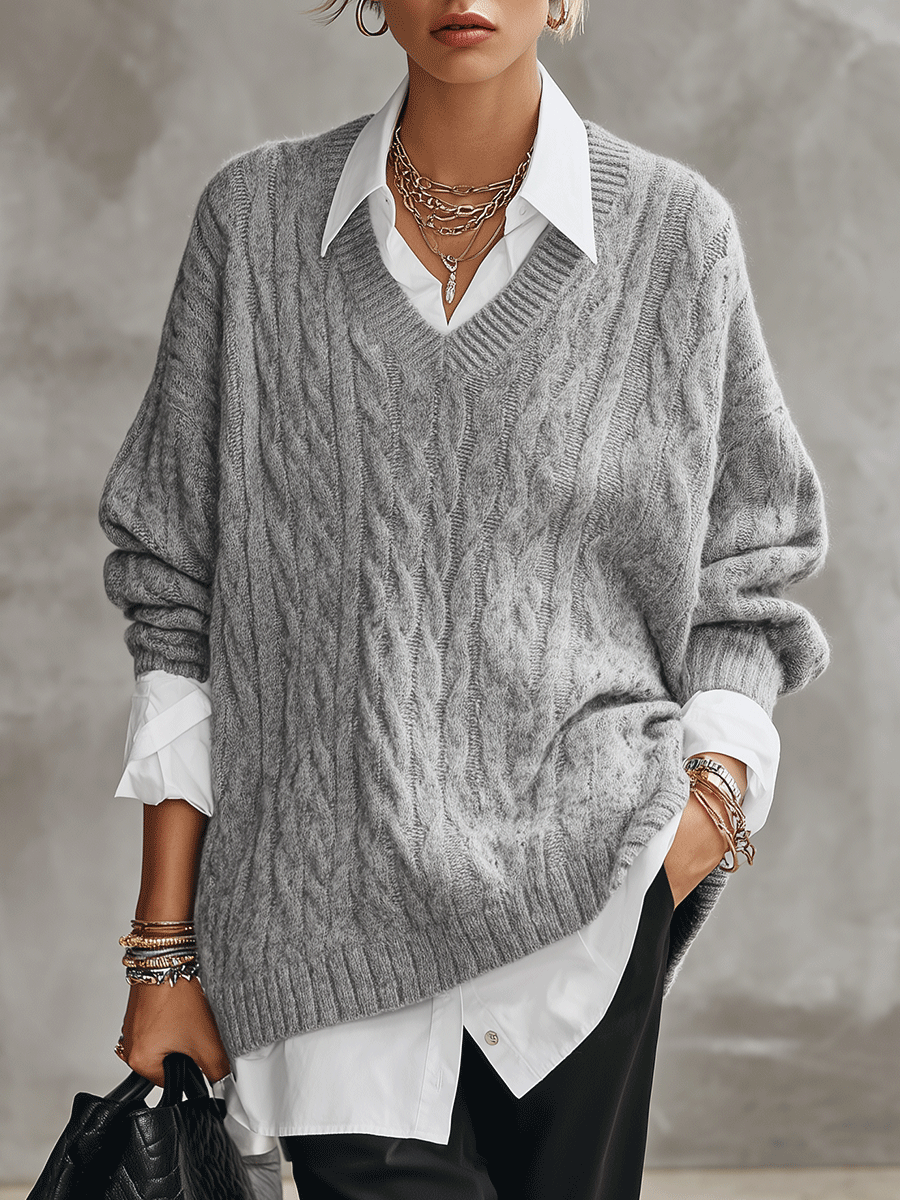 Women's Oversized V-Neck Cable Faux Shirt Layered Look Knit Sweater