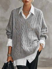 Women's Oversized V-Neck Cable Faux Shirt Layered Look Knit Sweater