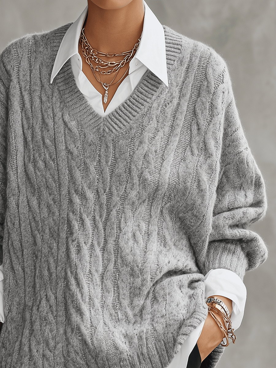 Women's Oversized V-Neck Cable Faux Shirt Layered Look Knit Sweater